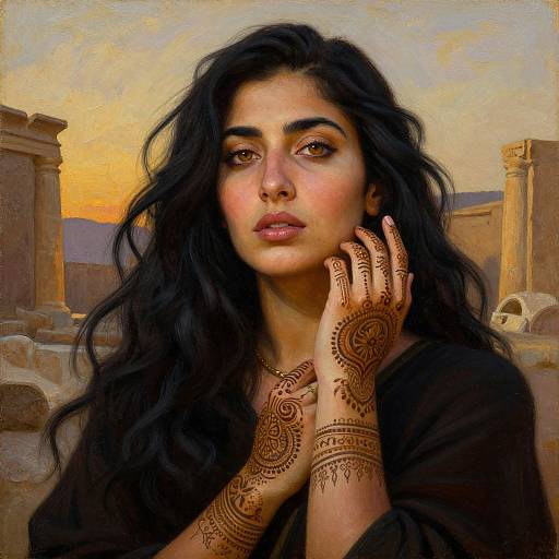 Digital painting of a beautiful woman with long black hair, dark henna-patterned hands, and brown eyes, set against a sunset ruins background. Warm