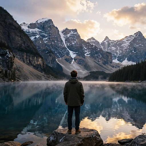 Photograph of a person in a dark jacket and pants standing on a rock by a serene mountain lake, facing snow-capped peaks at sunset. Reflection