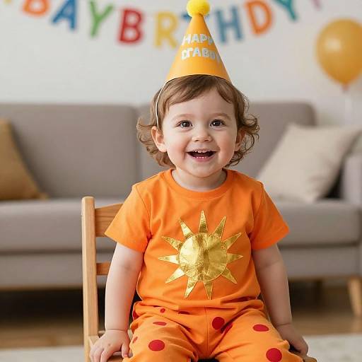 Photograph of a smiling toddler with curly brown hair wearing an orange party hat, orange shirt with gold star, and orange pants with red dots, sitting