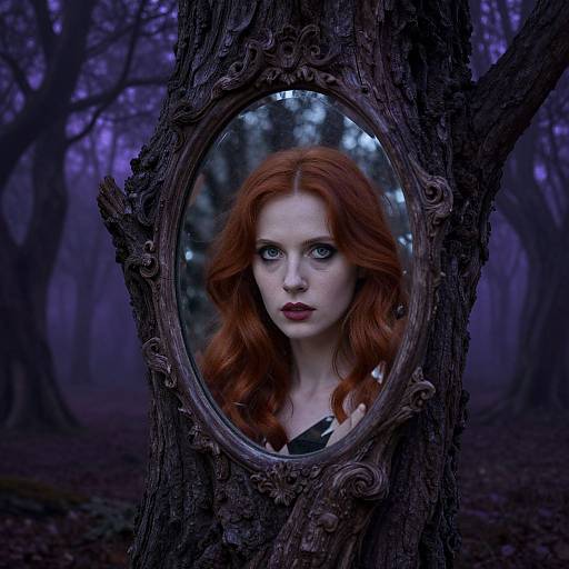 Photograph of a pale-skinned woman with red hair, blue eyes, and dark lipstick, reflected in an ornate, oval mirror set in a