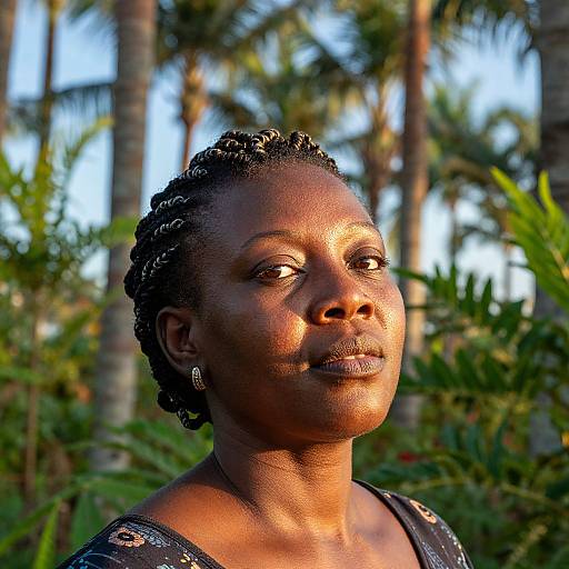 Photograph of a dark-skinned woman with braided hair, wearing a black top, standing against a tropical background of palm trees and greenery.