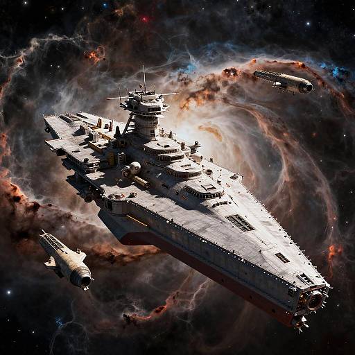 Photorealistic digital art of a large, detailed spaceship with intricate towers and structures, illuminated by a swirling, colorful nebula in space.