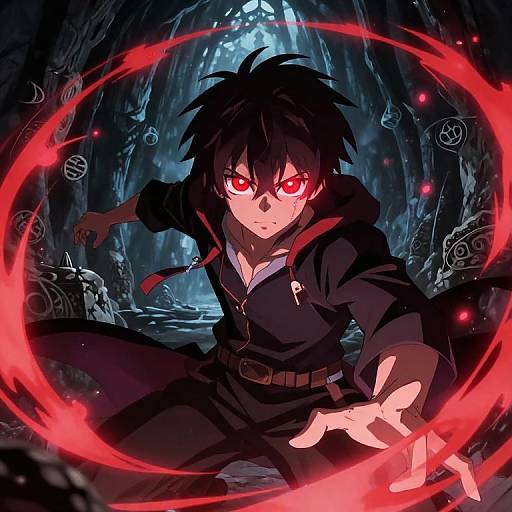 Anime-style digital illustration of a black-haired, red-eyed male character with glowing red energy ring, wearing a black hoodie and pants, in a dark,