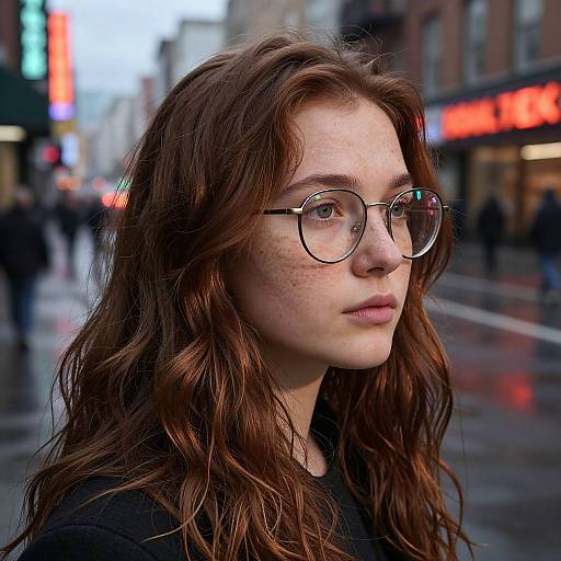 Photograph of a freckled young woman with long, wavy brown hair, wearing round glasses, black top, in a rainy urban street.