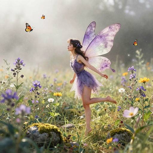 Vivacious Meadow Fairy in Misty Wildflowers