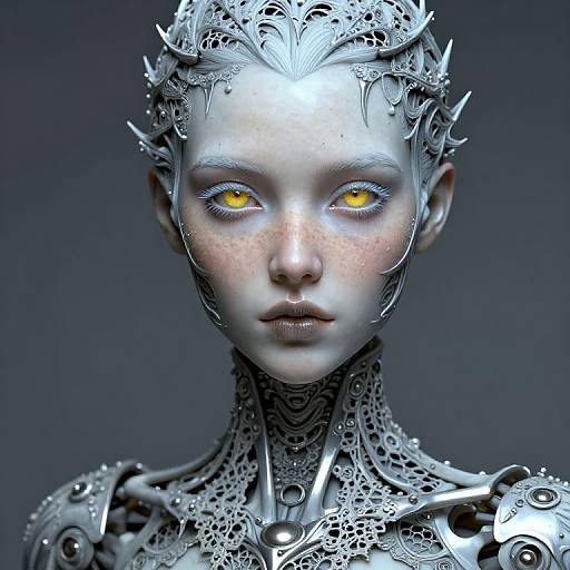 CGI hyper-realistic portrait of a silver-skinned, cybernetic female with glowing yellow eyes, intricate metallic crown, and ornate robotic neck