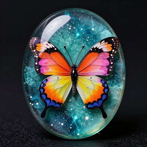 Vibrant butterfly with orange, pink, and black wings inside a clear, sparkling glass orb against a black background. Digital art.
