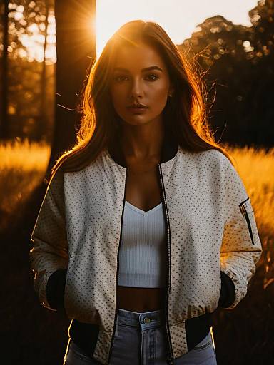Woman in Light Purple Polka Dot Bomber Jacket at Sunset