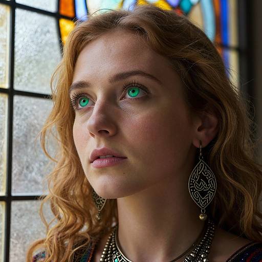 Photograph of a fair-skinned woman with wavy auburn hair, wearing ornate silver earrings, and vivid green eyes, gazing upward