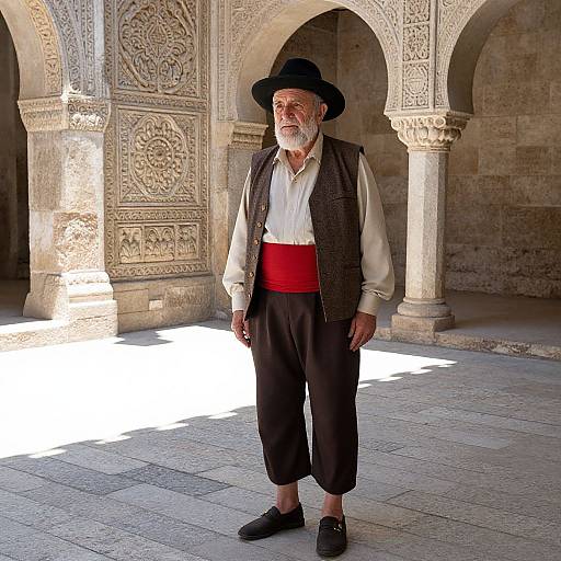 Photograph of an elderly man with white beard, black hat, white shirt, red waistcoat, black pants, standing in ornate stone archway