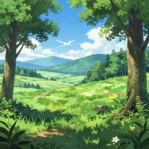 Digital painting of a vibrant, sunlit meadow framed by tall trees, with lush green grass, distant hills, and a bright blue sky with white