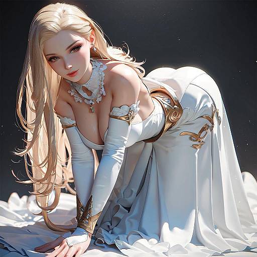 Digital art of a blonde woman with long hair, large breasts, and fair skin, wearing a white, gold-accented, off-shoulder