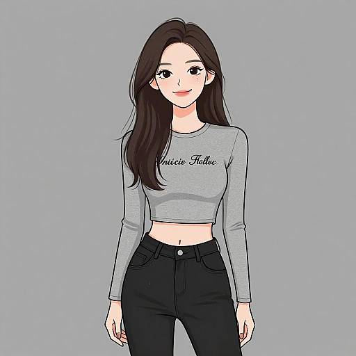 Digital anime-style drawing of a young woman with long dark brown hair, light skin, wearing a gray crop top and black jeans, with 
