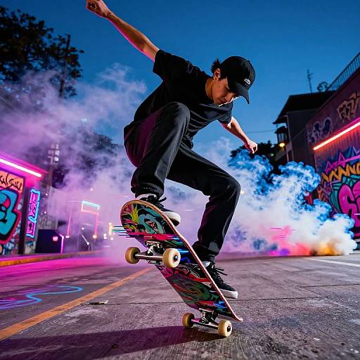 Glitched Neon Skateboarder Trick