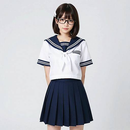 Photograph of an Asian girl with straight black hair, glasses, wearing a white sailor top and navy pleated skirt, standing against a plain white background