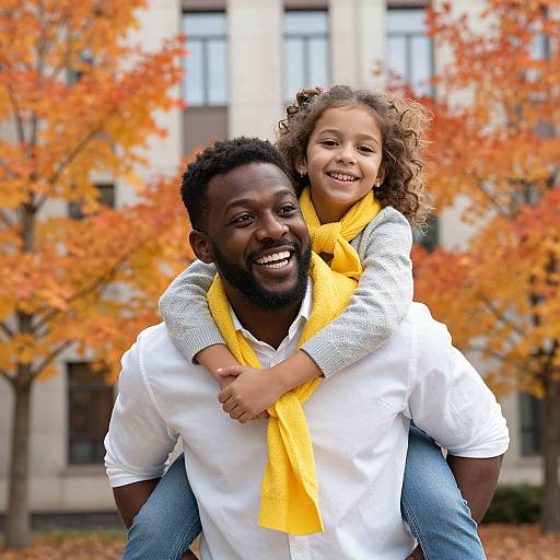 Photograph of a smiling Black father with curly-haired daughter, both wearing yellow scarves, sitting on his shoulders in autumn with orange trees and a beige