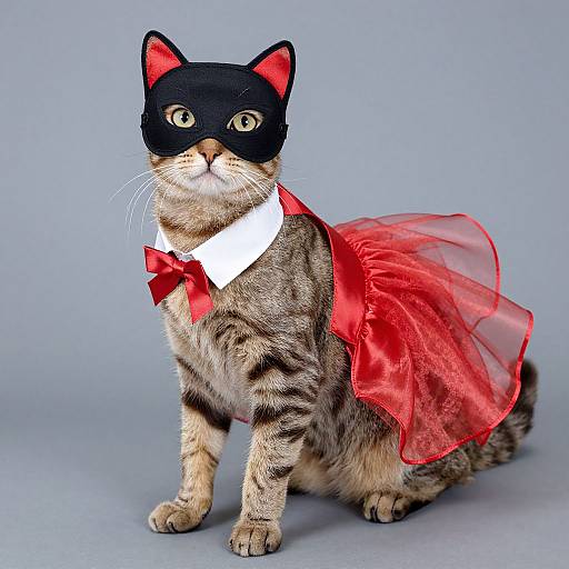 Photograph of a gray tabby cat wearing a black mask, red bowtie, and red sheer dress, standing against a plain gray background.