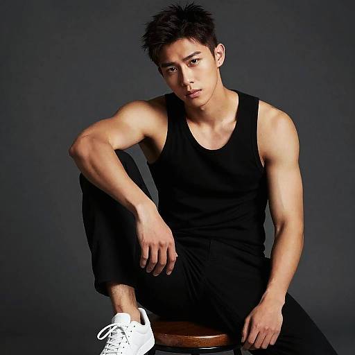 Photograph of a muscular Asian man with short black hair, wearing a black tank top and black pants, sitting on a stool, white sneaker visible