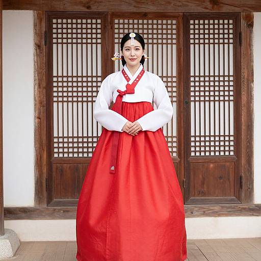 Photograph of a Korean woman in traditional hanbok, white blouse, red skirt, black hair with hairpin, standing in front of wooden sh