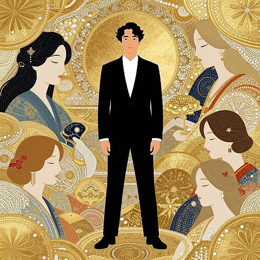 Digital illustration: Central black-suited man surrounded by gold-patterned background and Asian women in traditional attire, with intricate designs and colors.