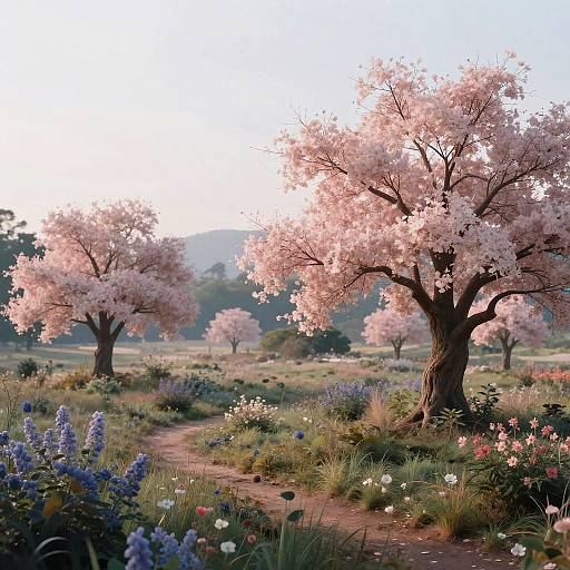 Photograph of a serene, sunlit meadow with pink cherry blossom trees, a winding path, and colorful wildflowers in the foreground.