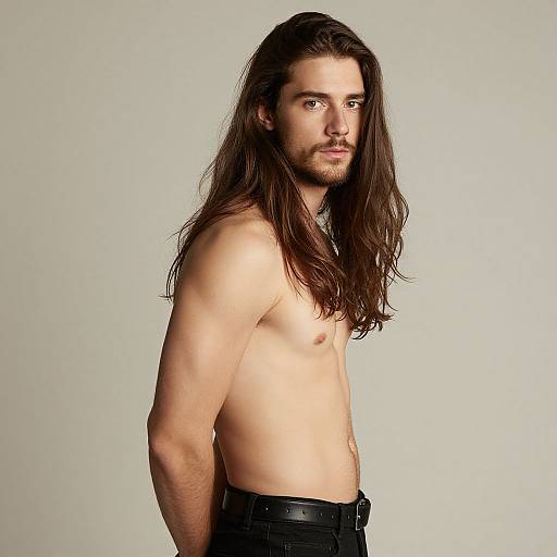 Photograph of a tall, shirtless white man with long brown hair and a beard, wearing black pants, standing against a plain gray background.