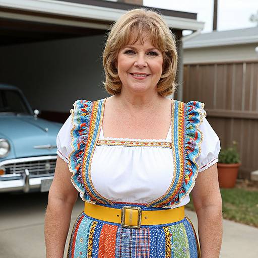 Middle-aged woman with short blonde hair, wearing colorful embroidered dress with yellow belt, smiling in front of a blue car and wooden fence. Photograph.