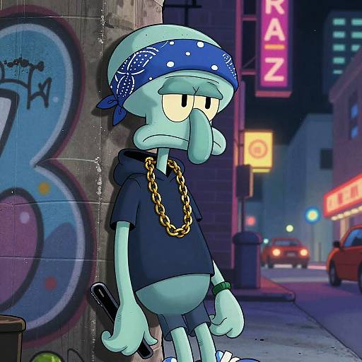 Cartoon squid in blue bandana, black hoodie, gold chain, leaning against graffiti-covered wall in neon-lit urban night scene. 
