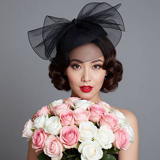 Photograph of an Asian woman with short, curly black hair, wearing a black mesh hat and bright red lipstick, holding a bouquet of pink and white