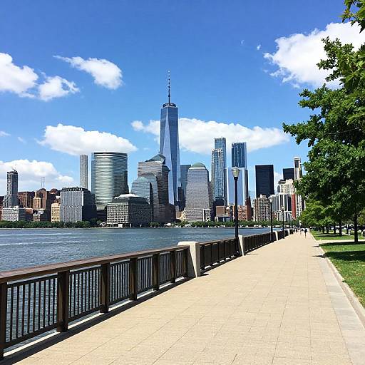 Photograph of New York City skyline with One World Trade Center, bright blue sky, and white clouds. Pathway along river with trees on the right