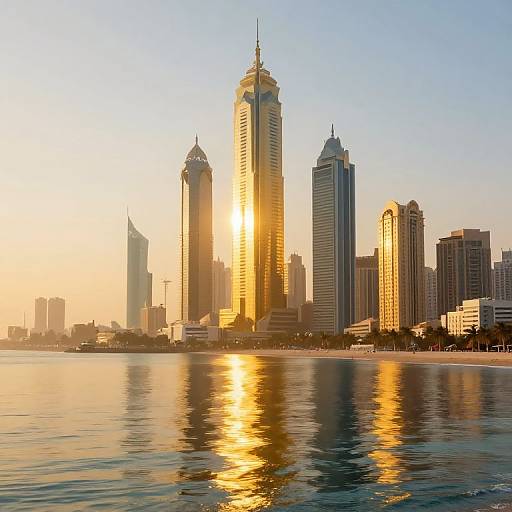 Sunset photograph of a city skyline with tall skyscrapers, golden sunlight reflecting on water, and clear blue sky.