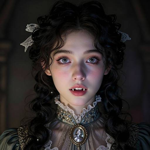 Photorealistic digital portrait of a pale, blue-eyed woman with curly dark hair, lace headband, and Gothic-style dress, illuminated from below,
