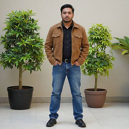 Photograph of a bearded man with medium build, short black hair, wearing a brown suede jacket, black shirt, blue jeans, and black shoes
