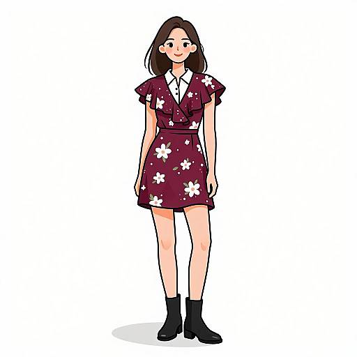 Digital illustration of a smiling woman with straight brown hair, wearing a maroon floral dress, white collar, and black ankle boots.