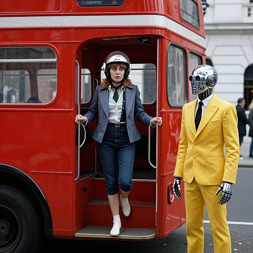 Photograph of a woman in a blue blazer and denim capri pants stepping from a red London double-decker bus, next to a man in