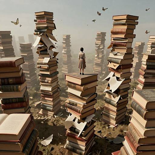 Digital art: A girl in a white dress stands on a stack of towering, scattered books, surrounded by floating books and butterflies in a sunlit,
