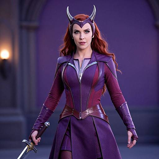 Photograph of a red-haired woman in a purple, armored superhero costume with horned helmet, holding a sword, in a dimly lit, ar