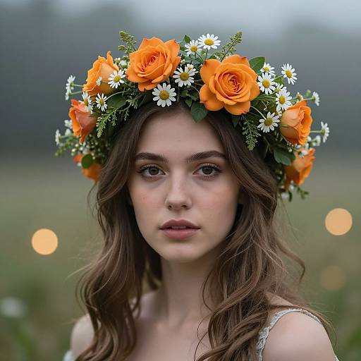 Photograph of a young woman with wavy brown hair, wearing an orange and white flower crown, in a blurred meadow background.