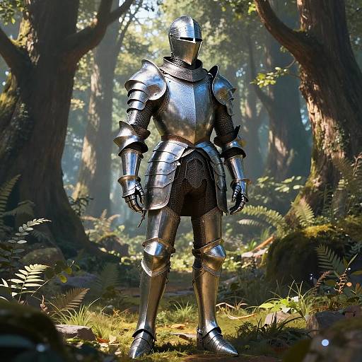 Photorealistic CGI of a fully armored knight in silver plate armor standing in a sunlit, dense forest with ferns and tall trees.