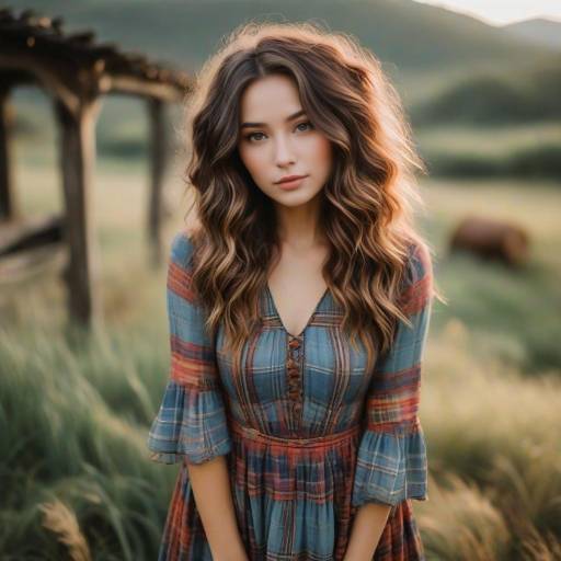 Young woman in vintage dress near old rustic van