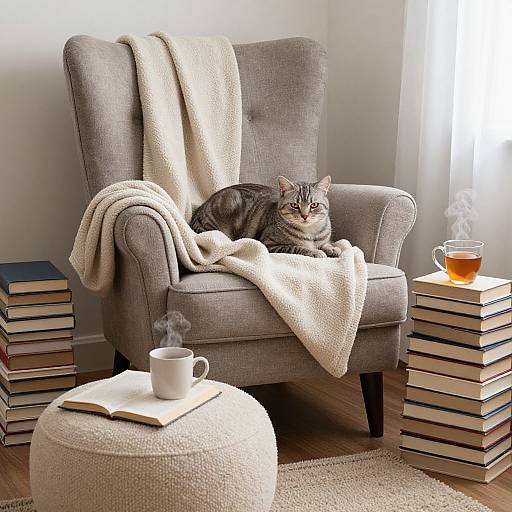 Cozy Reading Nook with Tabby Cat
