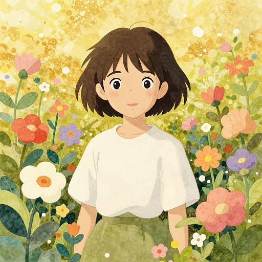Digital illustration of a young girl with short brown hair, wearing a white shirt, standing in a vibrant, colorful flower field.