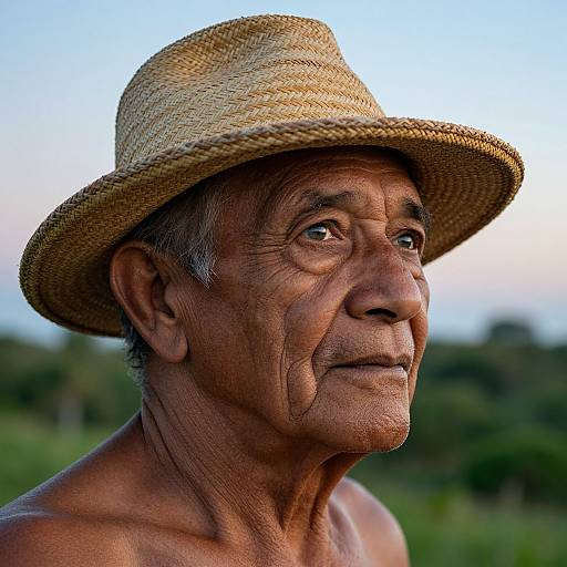 Photograph of an elderly, shirtless man with weathered skin, wearing a straw hat, gazing thoughtfully into the distance against a blurred green