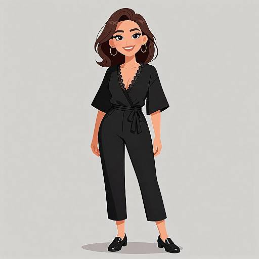 Digital cartoon of a smiling woman with medium brown hair, wearing a black V-neck jumpsuit, hoop earrings, and black loafers.