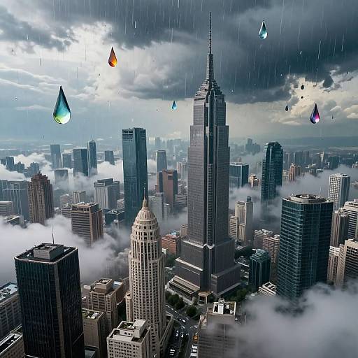 CGI cityscape of a rainy skyscraper-filled metropolis with colorful, raindrop-shaped lights and fog-covered buildings under a dramatic, cloudy sky.