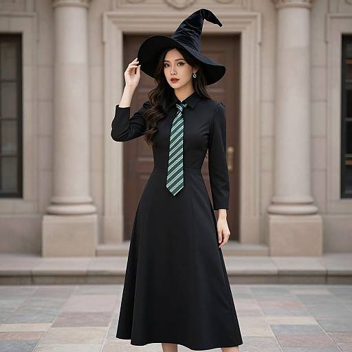 Photograph of an Asian woman with long black hair, wearing a black witch hat, long-sleeve black dress, green striped tie, standing in