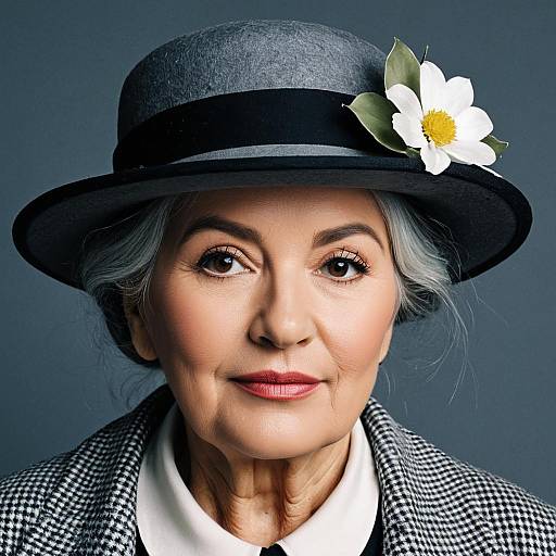 Elderly Woman Wearing Vintage Hat with Flower