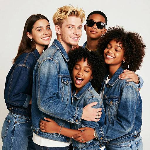 Group of Young Adults Wearing Denim Jackets Hugging