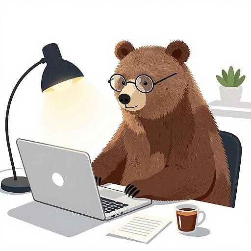 Bear Working on Laptop in Cozy Workspace