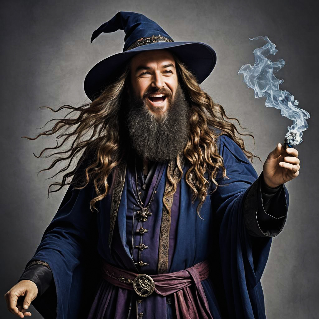 Laughing Bearded Mage with Wizard Outfit